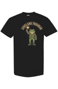Loveland Frogman design printed on the front of a black t-shirt