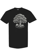 Rugged Oak oak tree design printed on the front of a black t-shirt