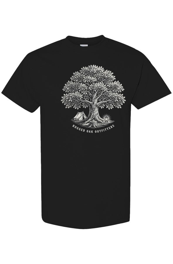 Rugged Oak oak tree design printed on the front of a black t-shirt