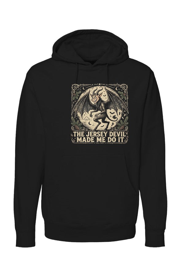 Jersey Devil design printed on the front of a black pullover hoodie