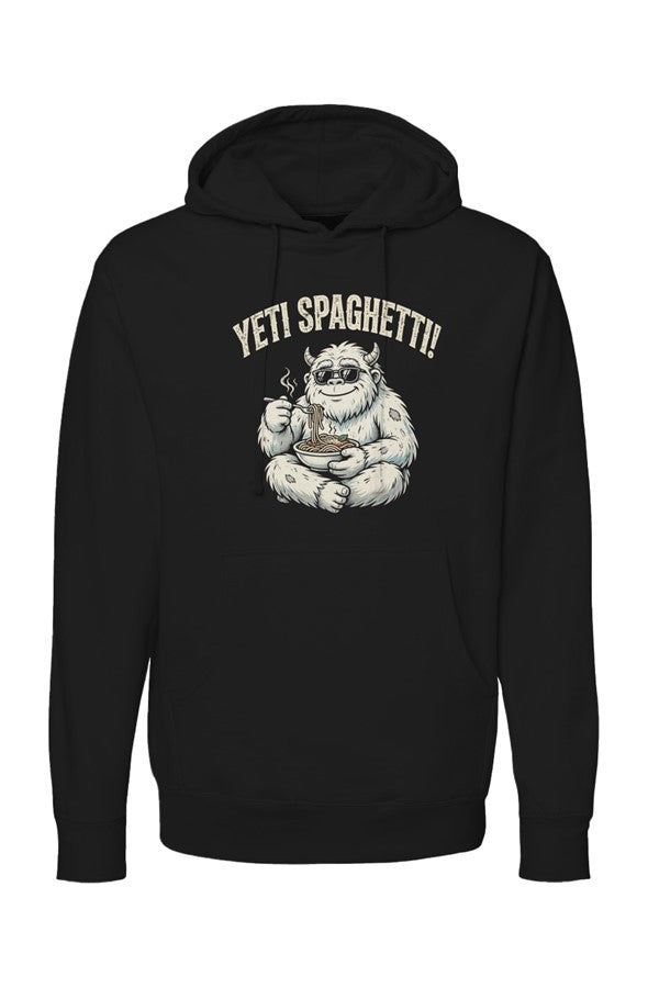 Yeti design printed on the front of a black pullover hoodie