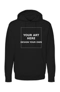 Design Your Own placeholder graphic printed on the front of a black pullover hoodie