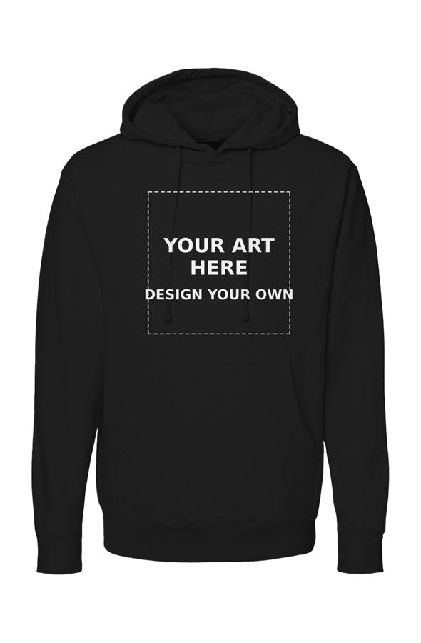 Design Your Own placeholder graphic printed on the front of a black pullover hoodie