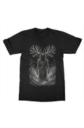 Wendigo Tee on black, front view: towering antlered wendigo with glowing amber eyes printed front center