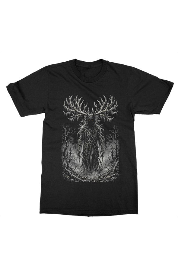 Wendigo Tee on black, front view: towering antlered wendigo with glowing amber eyes printed front center