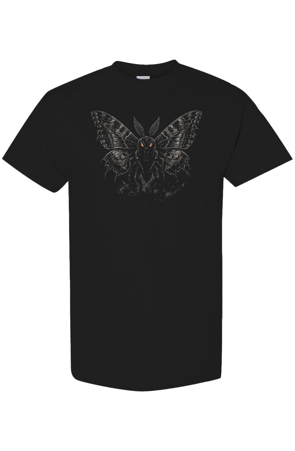 Mothman Red Eyes Tee on black, front view: mothman with huge patterned wings and burning red eyes printed front center