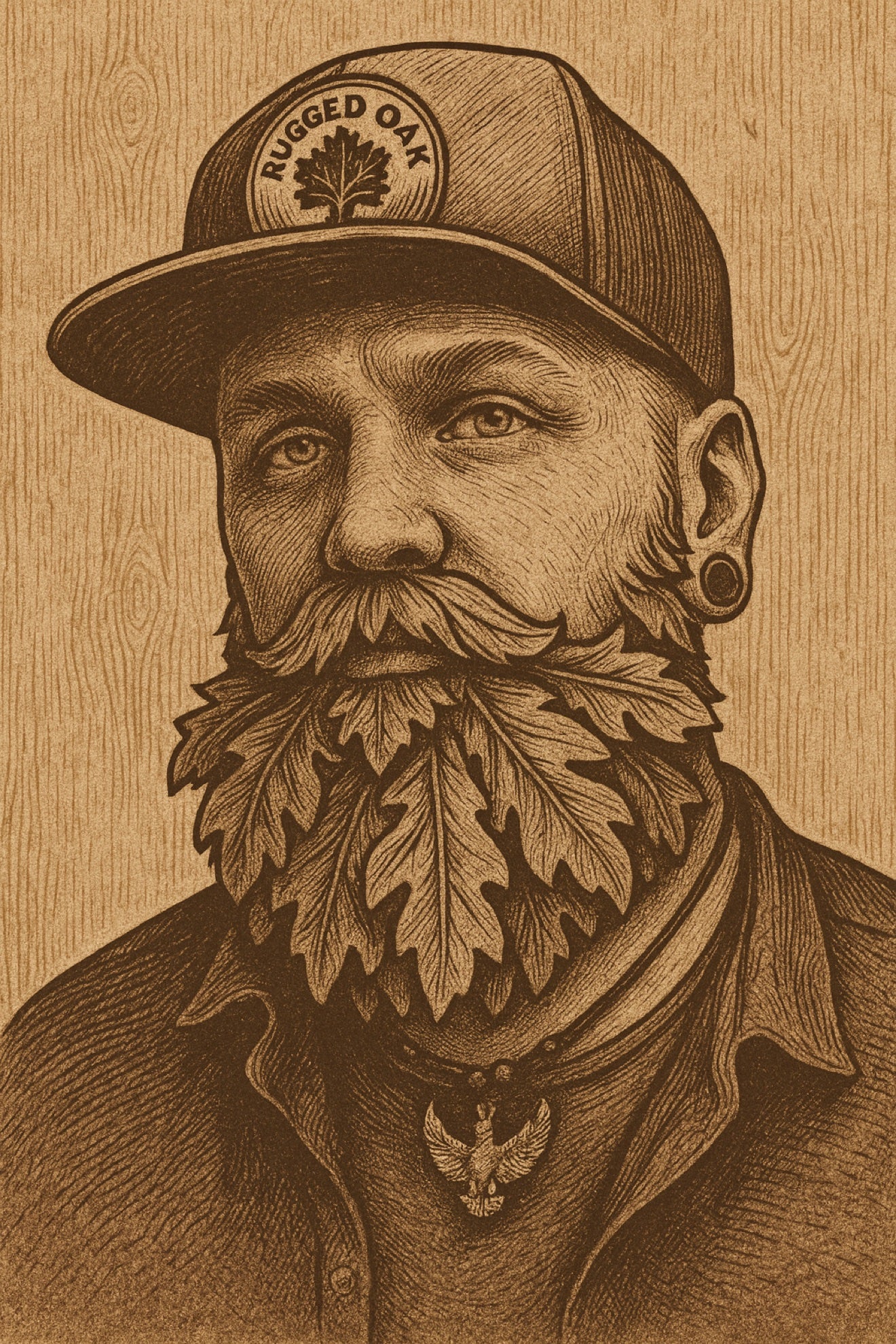 Rugged Oak Outfitters mascot: woodcut portrait of the owner
